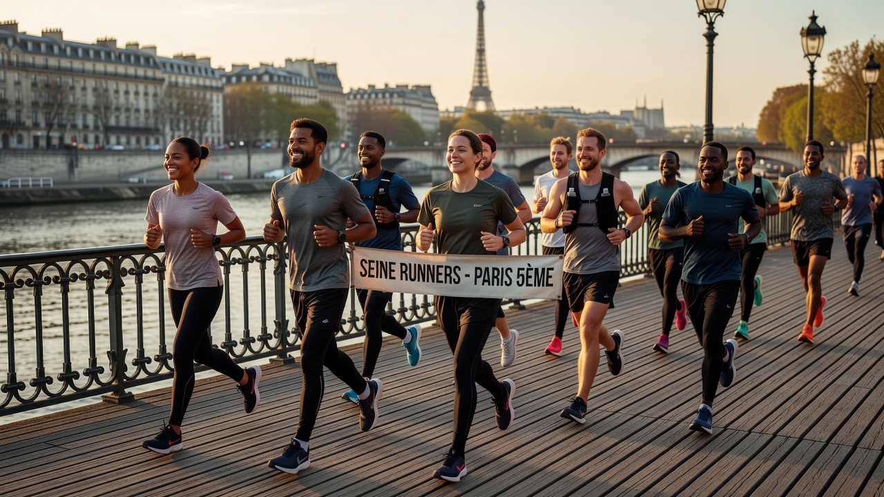 Group of runners gathered on a Paris bridge after completing a district-to-district route