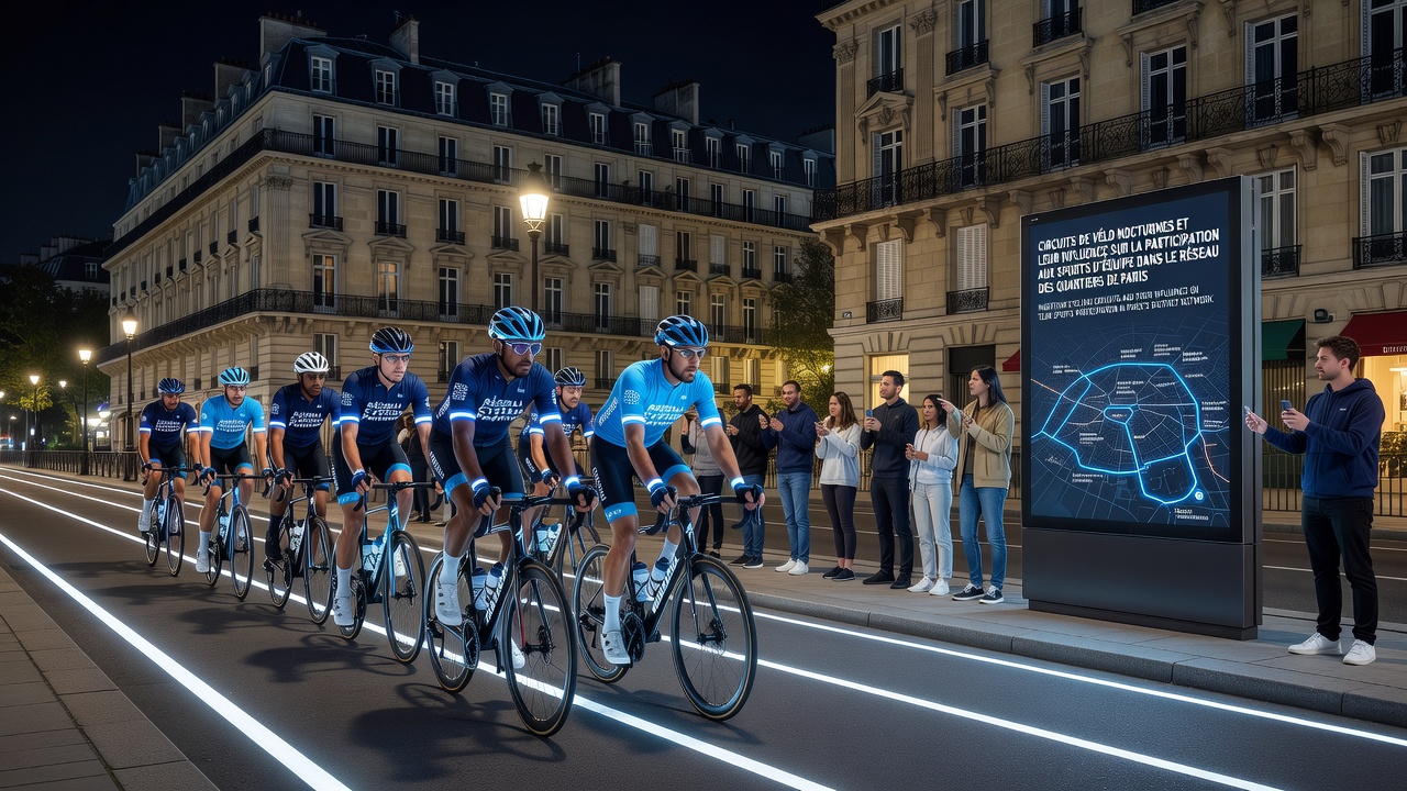 Group of cyclists arriving at a Paris sports complex after completing a nighttime circuit route