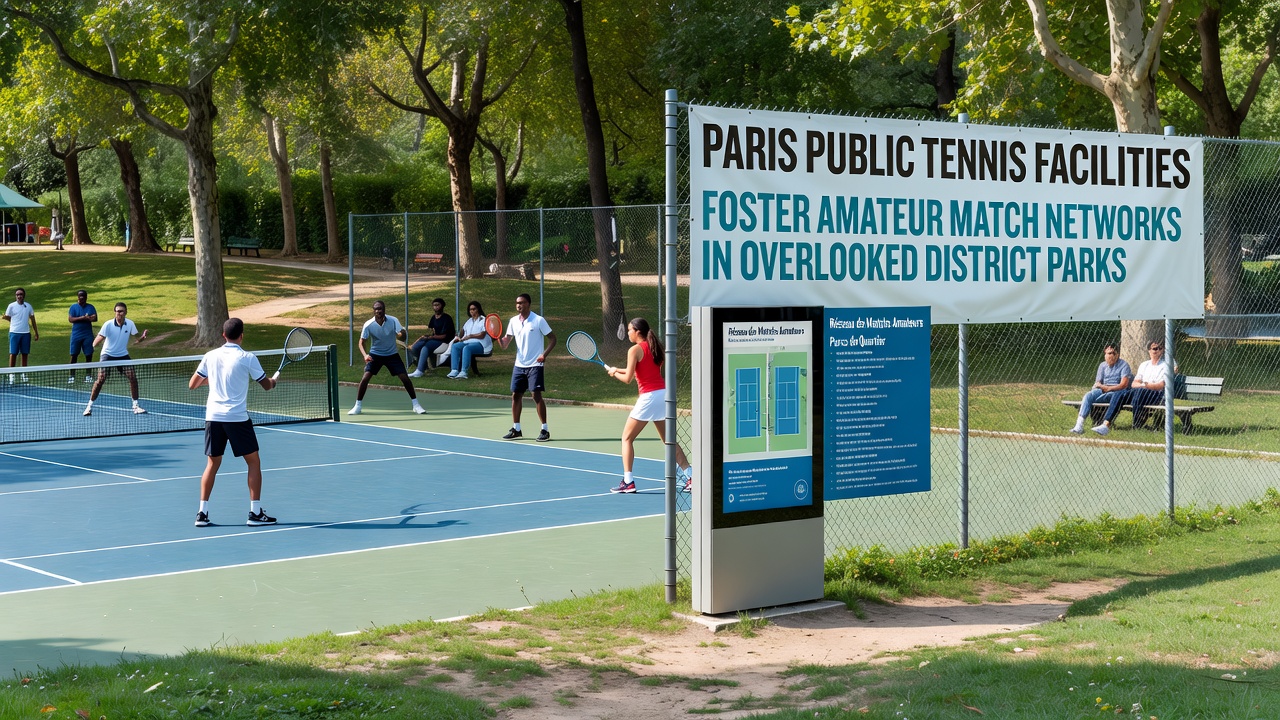 Group of amateur tennis players chatting near nets in a Paris park