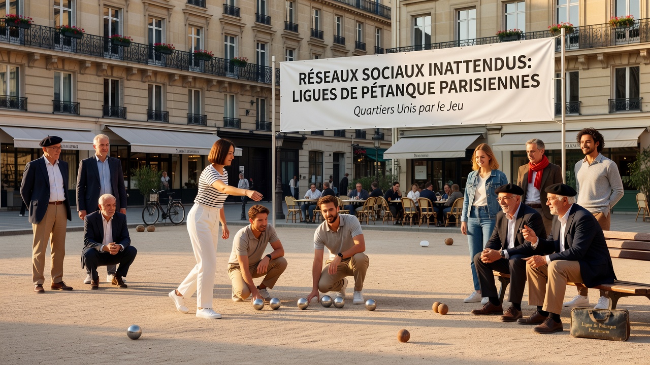 Evening pétanque gathering with participants from multiple Paris districts sharing refreshments after matches