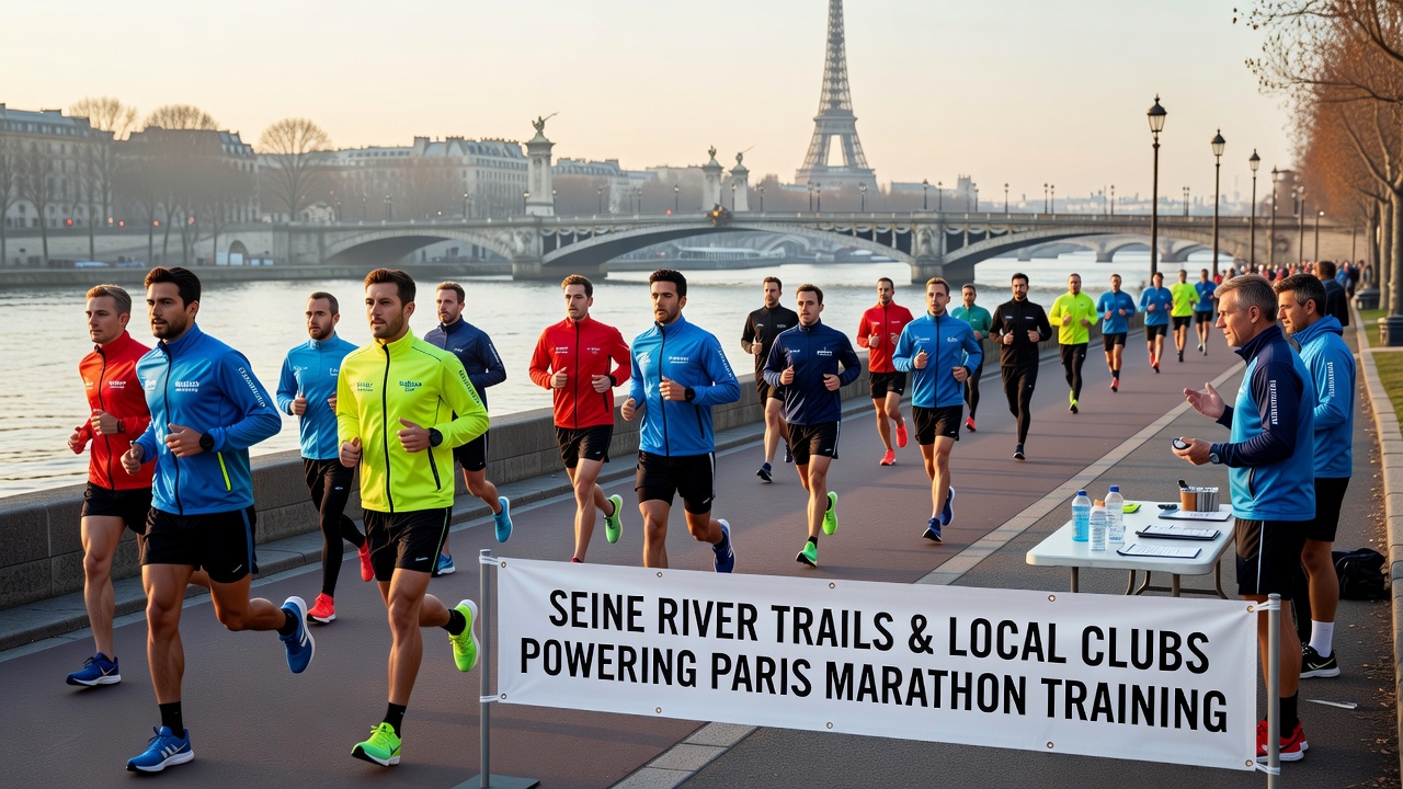 Group of runners from a Paris club completing a training session on the Seine riverbank path